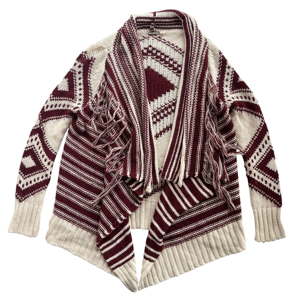 Black Swan Women’s Sz XS Cream Burgundy Tribal Fringe Open Knit Sweater Cardigan